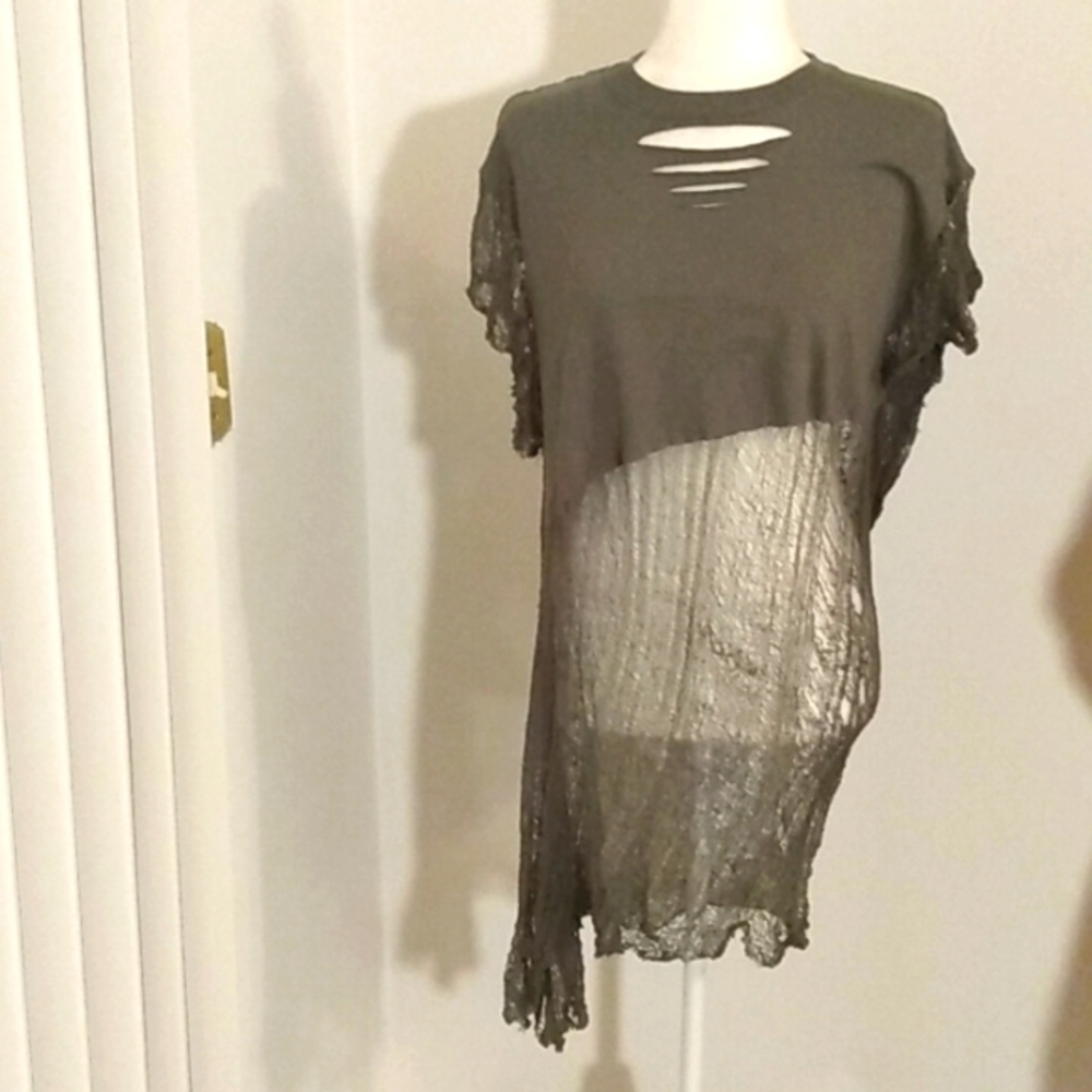 Hand shredded olive green tunic/top size small handmade